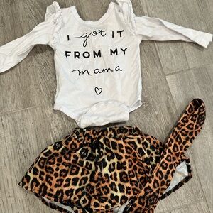 White Long Sleeve Onesie with Leopard Skirt and Headband